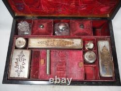 Antique Victorian Vanity Box Complete With Silver Plate Glass Bottles For Repair