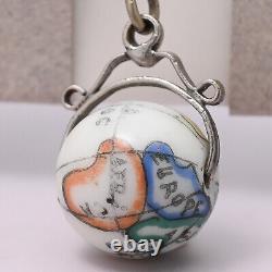 Antique Victorian World Globe Painted Spinner Fob Charm Silver Plate Pendant
