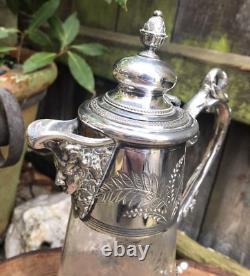 Antique Victorian etched glass claret jug silver plate bacchus handle engraved