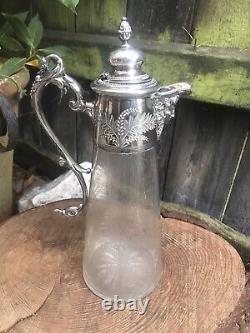 Antique Victorian etched glass claret jug silver plate bacchus handle engraved