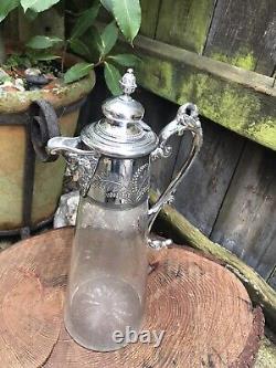 Antique Victorian etched glass claret jug silver plate bacchus handle engraved