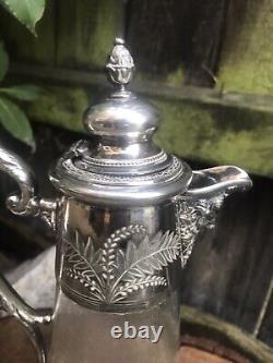 Antique Victorian etched glass claret jug silver plate bacchus handle engraved