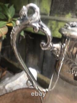 Antique Victorian etched glass claret jug silver plate bacchus handle engraved