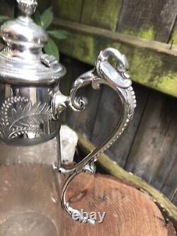 Antique Victorian etched glass claret jug silver plate bacchus handle engraved