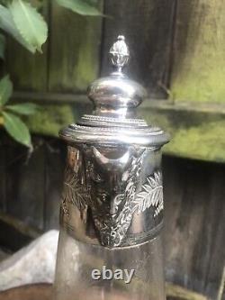 Antique Victorian etched glass claret jug silver plate bacchus handle engraved