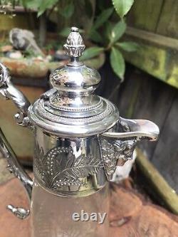 Antique Victorian etched glass claret jug silver plate bacchus handle engraved
