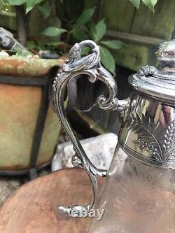 Antique Victorian etched glass claret jug silver plate bacchus handle engraved