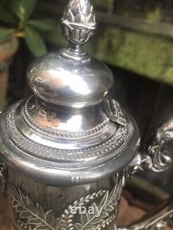 Antique Victorian etched glass claret jug silver plate bacchus handle engraved