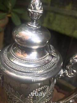 Antique Victorian etched glass claret jug silver plate bacchus handle engraved