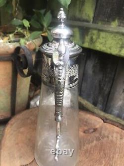 Antique Victorian etched glass claret jug silver plate bacchus handle engraved