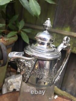 Antique Victorian etched glass claret jug silver plate bacchus handle engraved