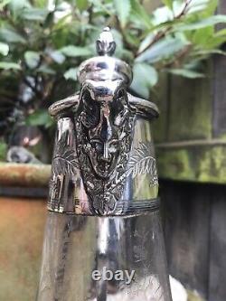 Antique Victorian etched glass claret jug silver plate bacchus handle engraved