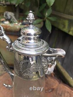 Antique Victorian etched glass claret jug silver plate bacchus handle engraved