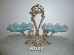 Antique Victorian silver plated two bowl butterflies epergne blue glass 1890s