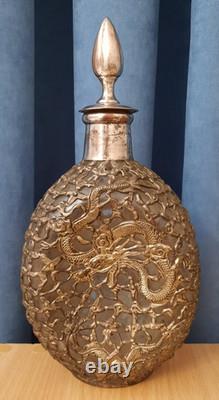Antique Vintage Dragon Glass Bottle Decanter Brass Copper Overlay Silver Plating