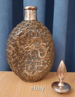Antique Vintage Dragon Glass Bottle Decanter Brass Copper Overlay Silver Plating