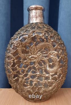 Antique Vintage Dragon Glass Bottle Decanter Brass Copper Overlay Silver Plating