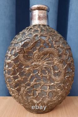 Antique Vintage Dragon Glass Bottle Decanter Brass Copper Overlay Silver Plating