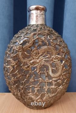 Antique Vintage Dragon Glass Bottle Decanter Brass Copper Overlay Silver Plating