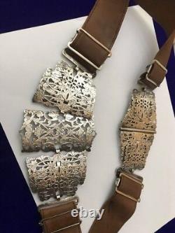 Antique Vintage Nurses Silver Plated EPNS Leather Belt & Buckle Floral