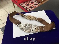 Antique Vintage Nurses Silver Plated EPNS Leather Belt & Buckle Floral