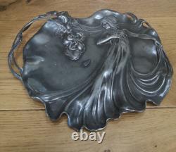 Antique WMF Art Nouveau Maiden Silvered Pewter Card Tray