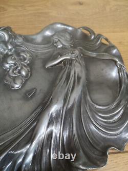 Antique WMF Art Nouveau Maiden Silvered Pewter Card Tray