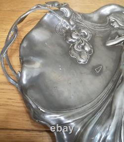 Antique WMF Art Nouveau Maiden Silvered Pewter Card Tray