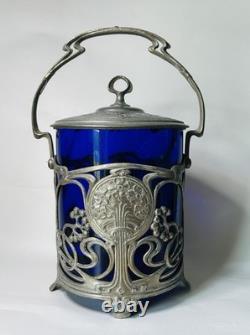 Antique WMF German Silver Plated Blue Glass Art Nouveau Jugendstil Biscuit Jar