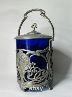Antique WMF German Silver Plated Blue Glass Art Nouveau Jugendstil Biscuit Jar