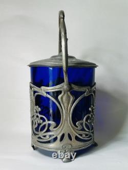 Antique WMF German Silver Plated Blue Glass Art Nouveau Jugendstil Biscuit Jar