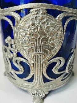 Antique WMF German Silver Plated Blue Glass Art Nouveau Jugendstil Biscuit Jar