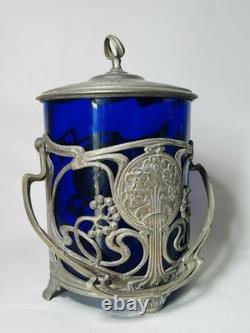 Antique WMF German Silver Plated Blue Glass Art Nouveau Jugendstil Biscuit Jar