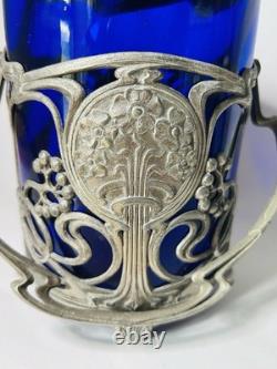 Antique WMF German Silver Plated Blue Glass Art Nouveau Jugendstil Biscuit Jar