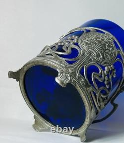 Antique WMF German Silver Plated Blue Glass Art Nouveau Jugendstil Biscuit Jar