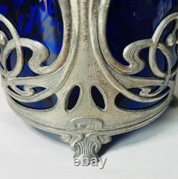Antique WMF German Silver Plated Blue Glass Art Nouveau Jugendstil Biscuit Jar
