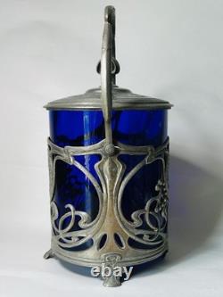 Antique WMF German Silver Plated Blue Glass Art Nouveau Jugendstil Biscuit Jar