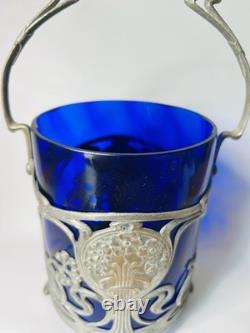 Antique WMF German Silver Plated Blue Glass Art Nouveau Jugendstil Biscuit Jar