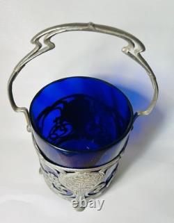 Antique WMF German Silver Plated Blue Glass Art Nouveau Jugendstil Biscuit Jar