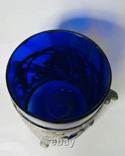 Antique WMF German Silver Plated Blue Glass Art Nouveau Jugendstil Biscuit Jar