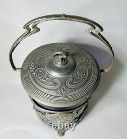 Antique WMF German Silver Plated Blue Glass Art Nouveau Jugendstil Biscuit Jar