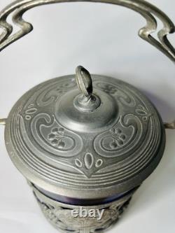 Antique WMF German Silver Plated Blue Glass Art Nouveau Jugendstil Biscuit Jar