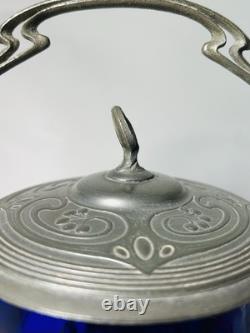 Antique WMF German Silver Plated Blue Glass Art Nouveau Jugendstil Biscuit Jar