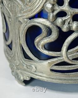 Antique WMF German Silver Plated Blue Glass Art Nouveau Jugendstil Biscuit Jar