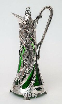 Antique WMF Warszawa Silver Plated Art Nouveau Large Green Glass Claret Jug