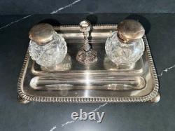 Antique W&H Sheffield Sterling Silver & Cut Glass Inkwell Standish Set Original