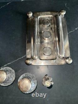 Antique W&H Sheffield Sterling Silver & Cut Glass Inkwell Standish Set Original