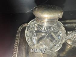 Antique W&H Sheffield Sterling Silver & Cut Glass Inkwell Standish Set Original