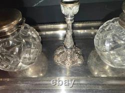 Antique W&H Sheffield Sterling Silver & Cut Glass Inkwell Standish Set Original