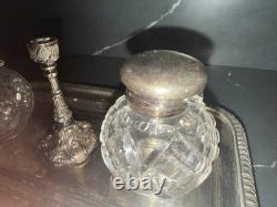 Antique W&H Sheffield Sterling Silver & Cut Glass Inkwell Standish Set Original